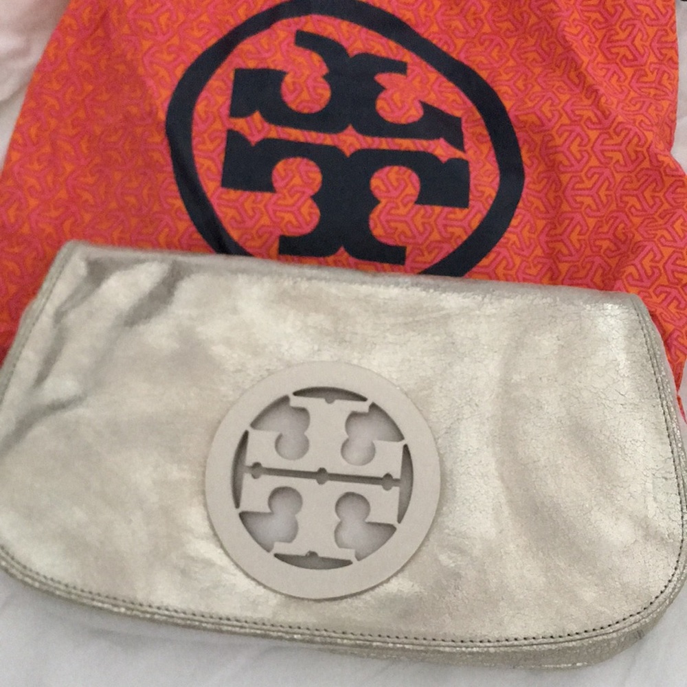 Tory Burch silver metallic clutch